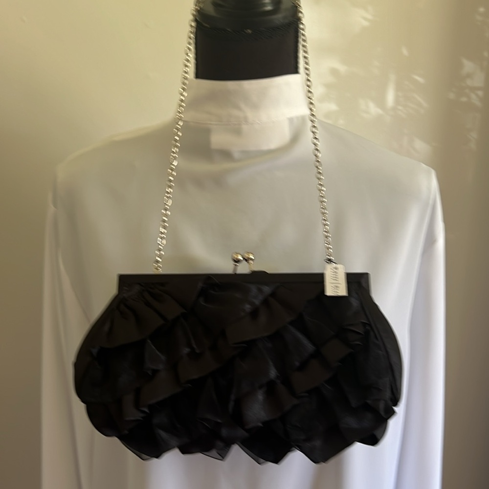 NWT: White House Black Market Ruffle Clutch Evening Bag, 21” silver chain, satin - Picture 2 of 8